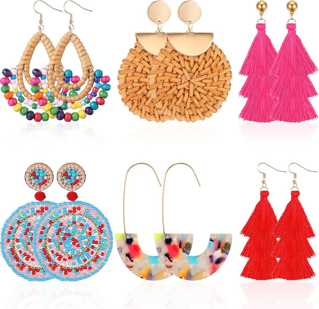 Hicarer 6 Pair Rattan Earrings Straw Tassel Bohemian Earrings for Girl Women Summer Beach Party | Amazon (US)