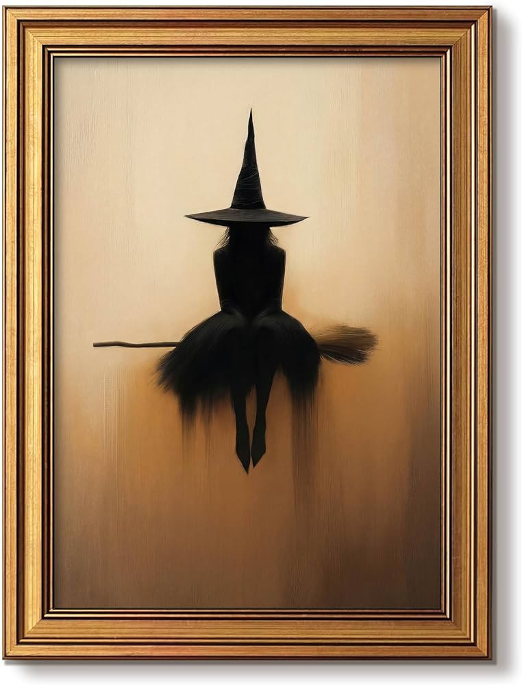 Vintage Gold Framed Halloween Wall Art Witch On Magic Broom Prints 12x16 In | Amazon (US)