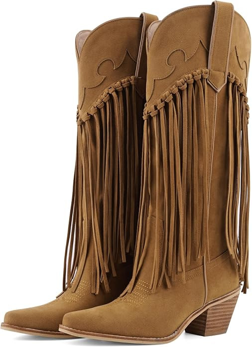 Fringe Knee High Cowgirl Boots for Women Embroidered Pointed Toe Chunky Block Heel Cowboy Western... | Amazon (US)