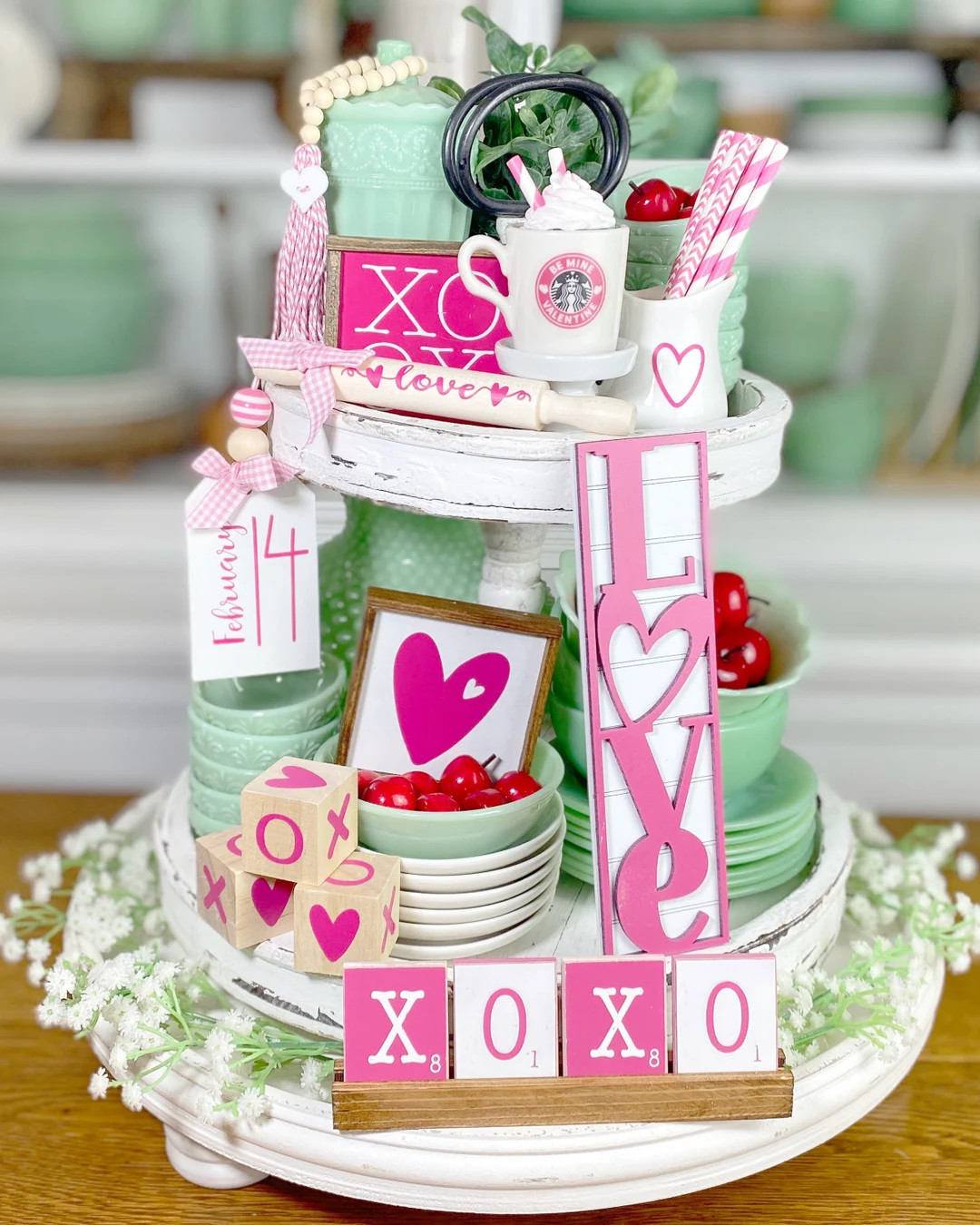 Pink & White Valentines Day Tiered Tray Set! Mix and Match Items, Mini Signs, Garlands, Love Dice... | Etsy (US)