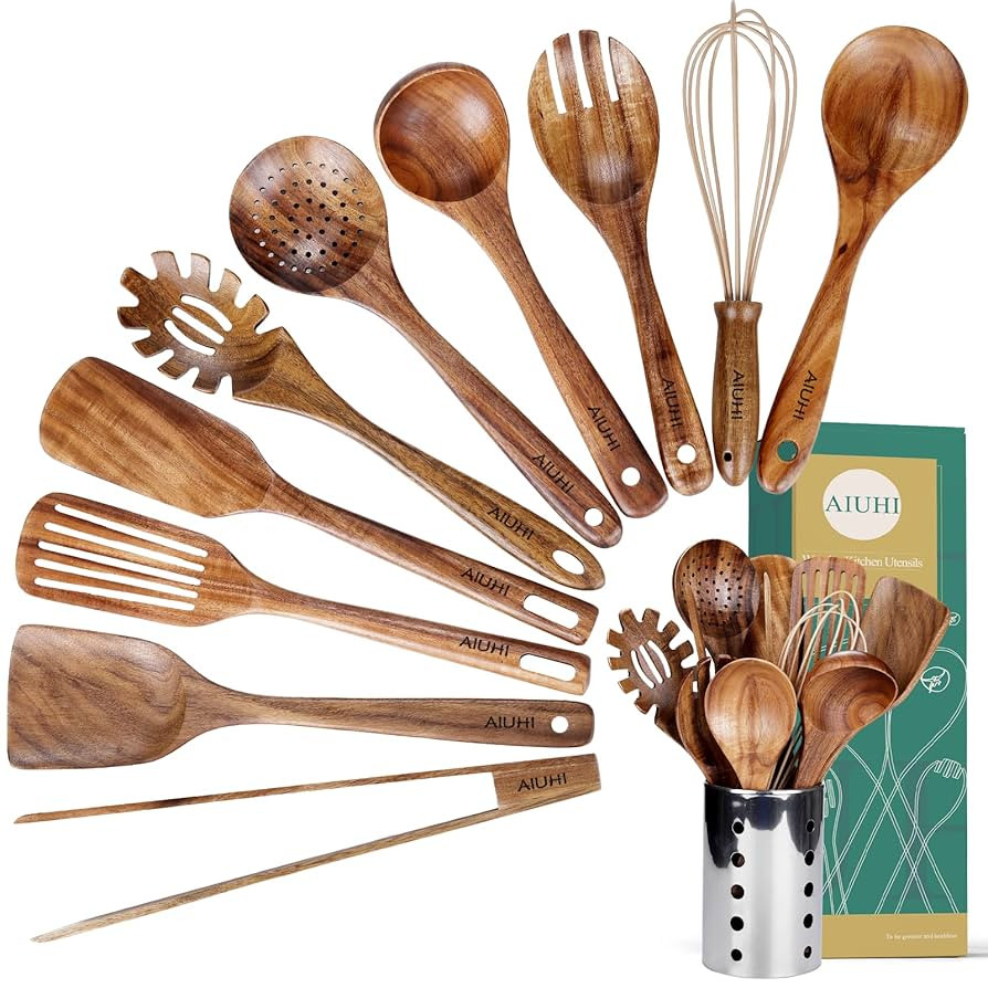 Kitchen Utenails Set with Holder,Kitchen Wooden Utensils for Cooking, Wood Utensil Natural Teak W... | Amazon (US)