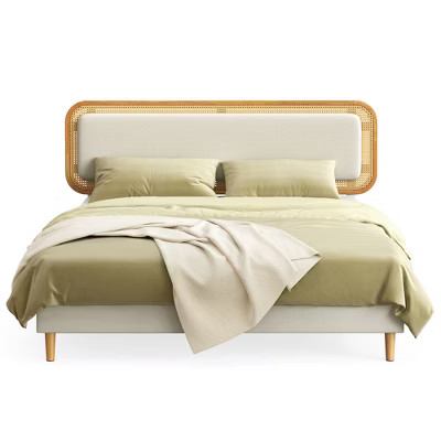 SONGMICS HOME Queen Bed Frame, with Rattan-Like Adjustable Upholstered Headboard, Boho Style | Target