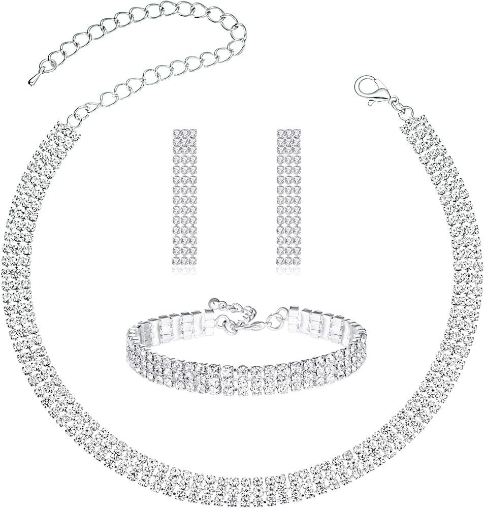 3/4 Pieces Women Jewelry Set Rhinestone Crystal Bride Statement Choker Necklace Tiara Crown Link ... | Amazon (US)