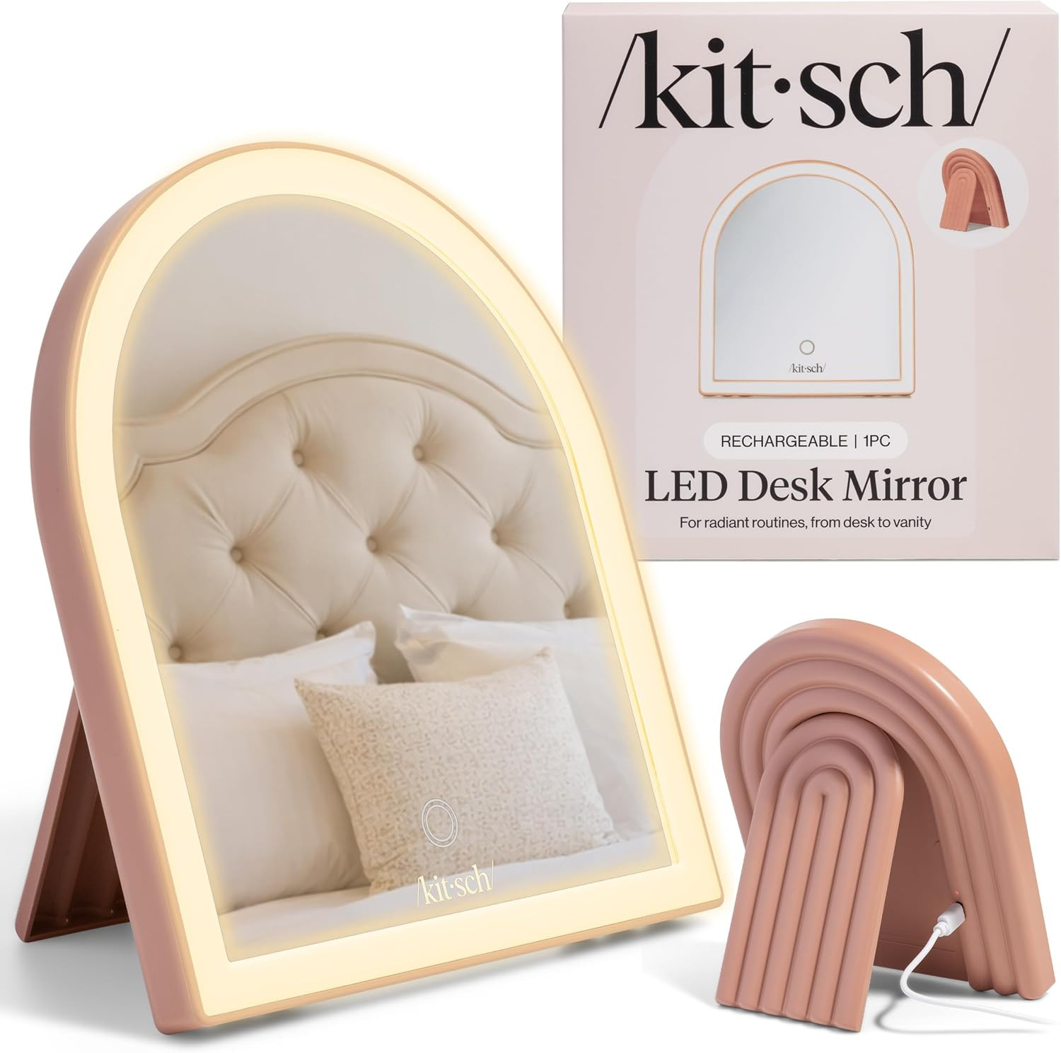 Kitsch Arch Desk Vanity Mirror with Lights, LED Makeup Surface, Touch Sensor Dimmable Warm Neutral Cool Glow, Rechargeable Desk Mirror with Kickstand for Travel - Terracotta | Amazon (US)