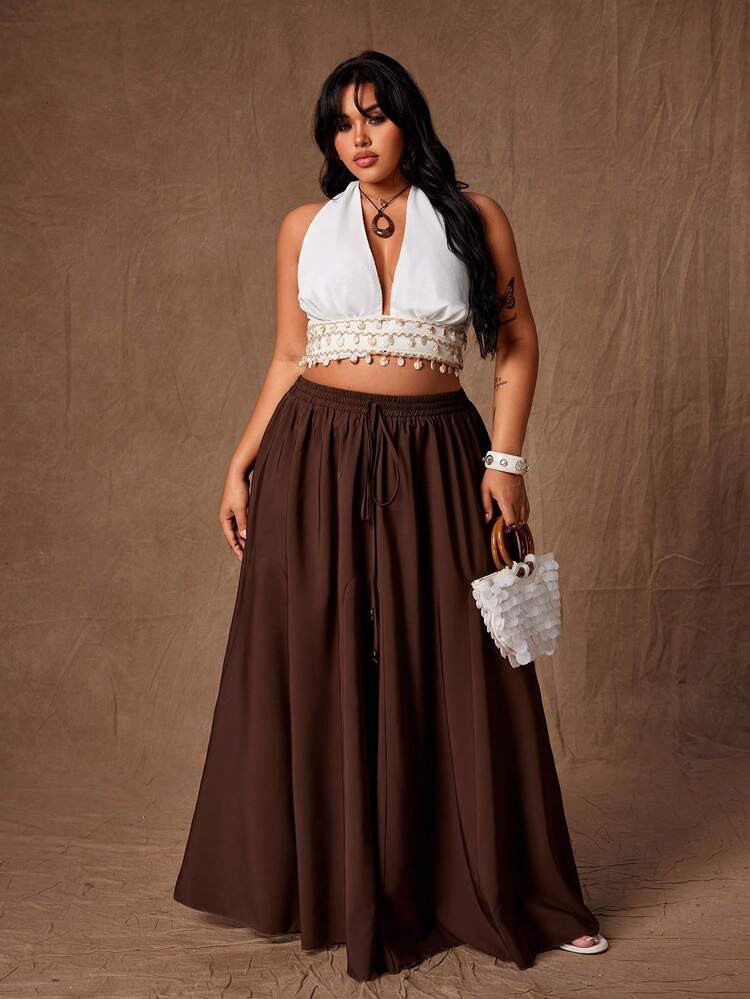 Rustia Plus Size Women's New Vintage Romantic Vacation Style Elegant Bohemian Beaded A-Line Elast... | SHEIN