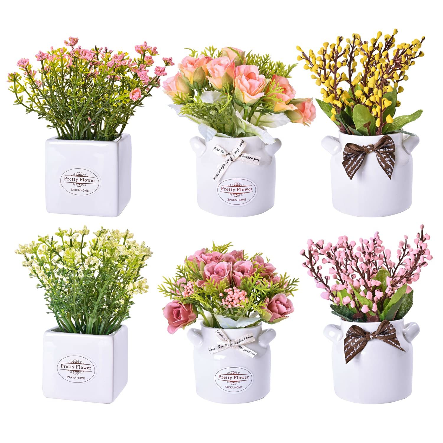6Pcs Artificial Flowers with Ceramic Pot Fake Flower Arrangements Small Faux Spring Flowers in Va... | Amazon (US)