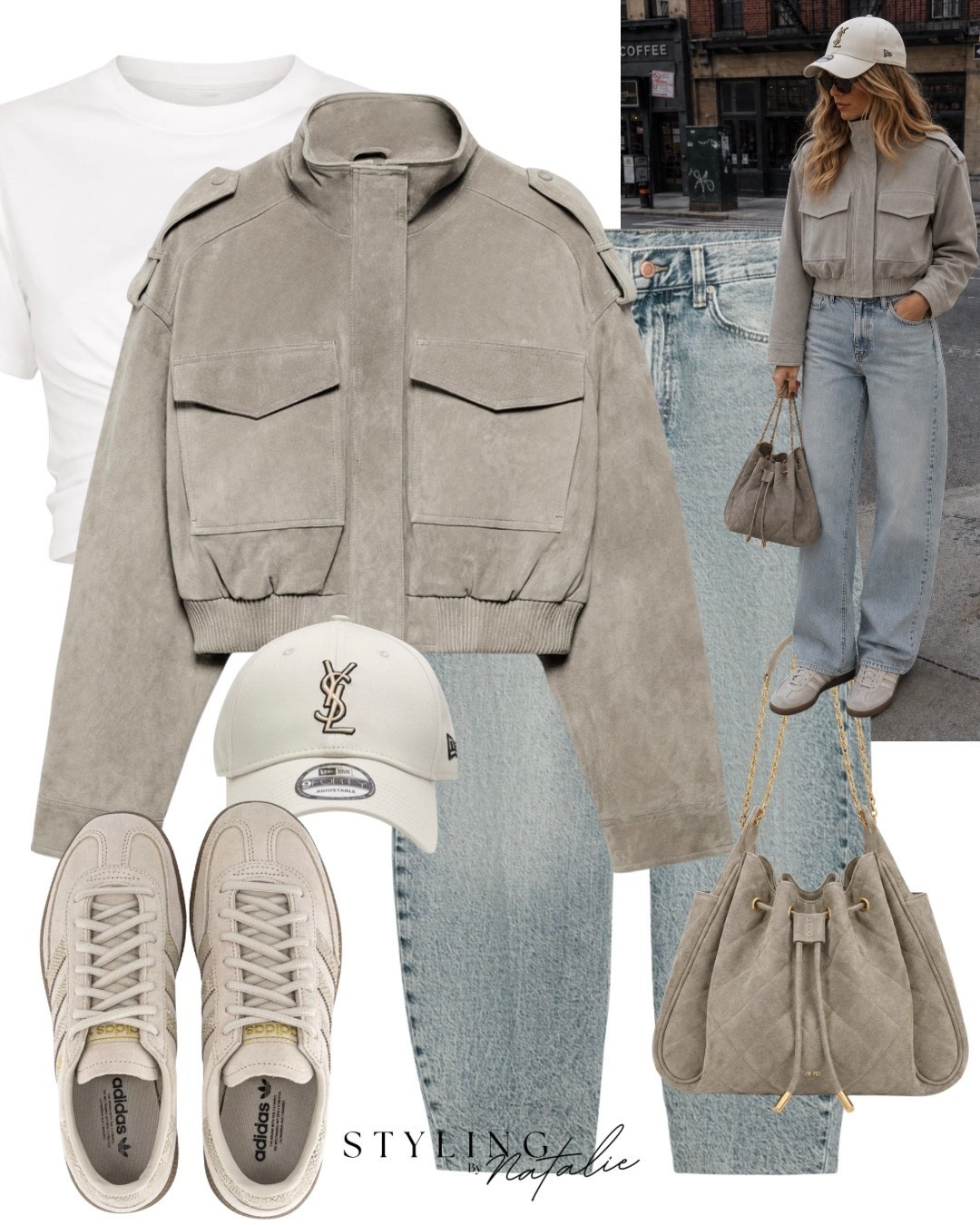 Cool girl city style- Suede look cropped 100% leather jacket, barrel leg jeans, adidas Spezial trainers, YSL cap and cropped t shirt.
Fall style, summer, transitional, autumn look, Zara, taupe tones, neutral, everyday casual. @Zara

#LTKuk #LTKautumn #LTKjeans