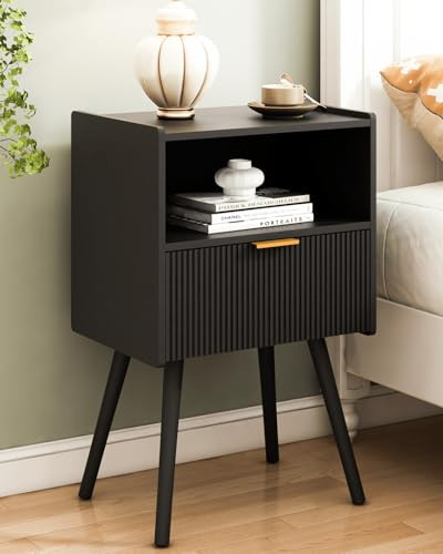 JOONEE Black Nightstand,Modern Bedside Table with Storage Drawer and Open Wood Shelf, for Living Room, Bedroom and Small Spaces, Accent Night Stand with Solid Wood Legs, Easy Assembly,Classic Black | Amazon (US)