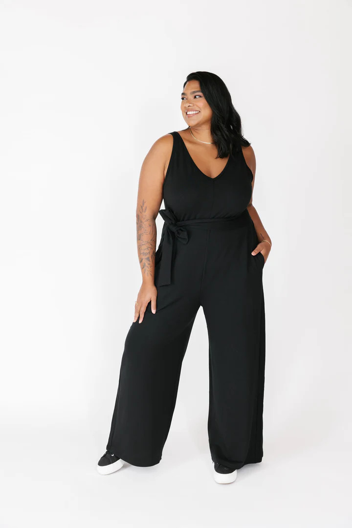 Belted Tuesday Wide Leg Romper (Terry) in Midnight Black | SMASH+TESS CA