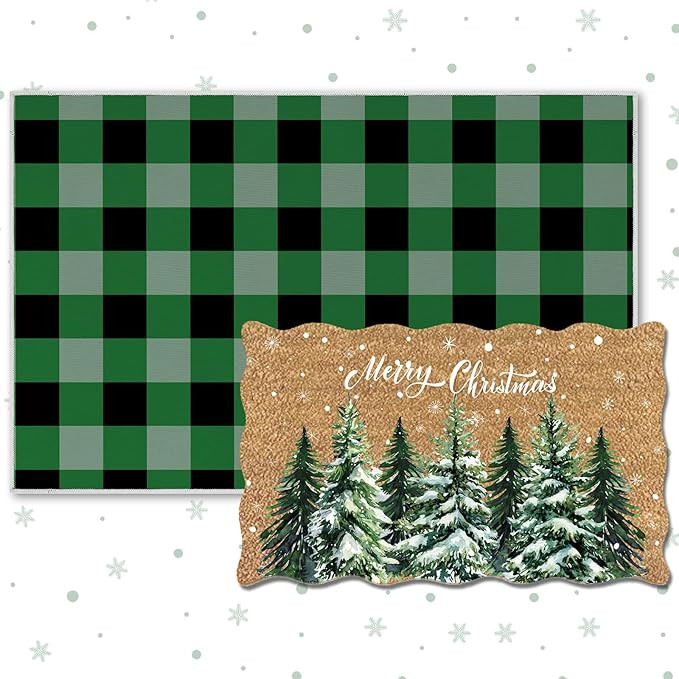 2 Piece Christmas Door Mat Combo Set Outdoor Christmas Rugs 28 x 40 Inch Green and Black Plaid We... | Amazon (US)