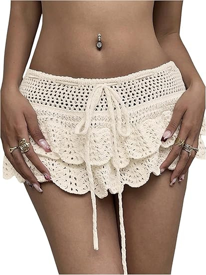 MakeMeChic Women's Crochet Mini Skirt Swimsuit Beach Coverup Tiered Ruffle Boho Skirts | Amazon (US)