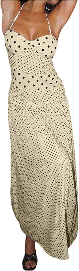 MakeMeChic Women's Polka Dots Halter Dress Tie Backless Summer Maxi Dresses | Amazon (US)