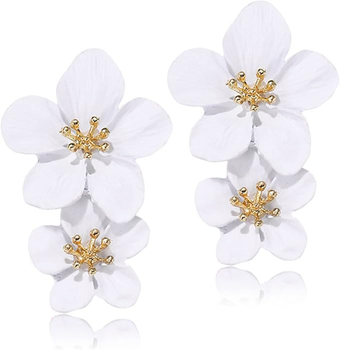 ANDPAI Unique Handmade Bohemian Large Matte Double Yellow Flower Dangle Drop Earrings White Metal... | Amazon (US)