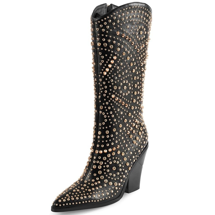 iiimmu Womens Boots Pointed Toe and Chunky Heel Boots for Women Luxurious Studded Boots Tall Boot... | Amazon (US)