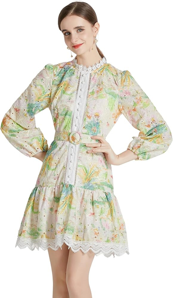 LAI MENG FIVE CATS Women's Puff Sleeve Floral Print Ruffle Casual Lace Trim Swing Mini Dress | Amazon (US)