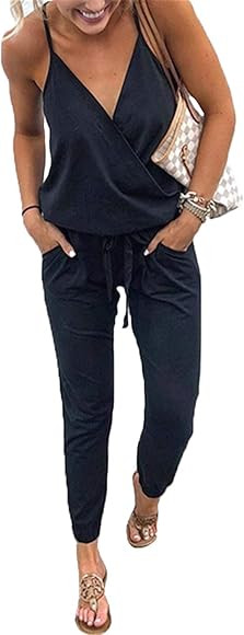 YAMTHR Womens V Neck Spaghetti Strap Elastic Waist Long Pants Jumpsuits Romper Playsuits | Amazon (CA)