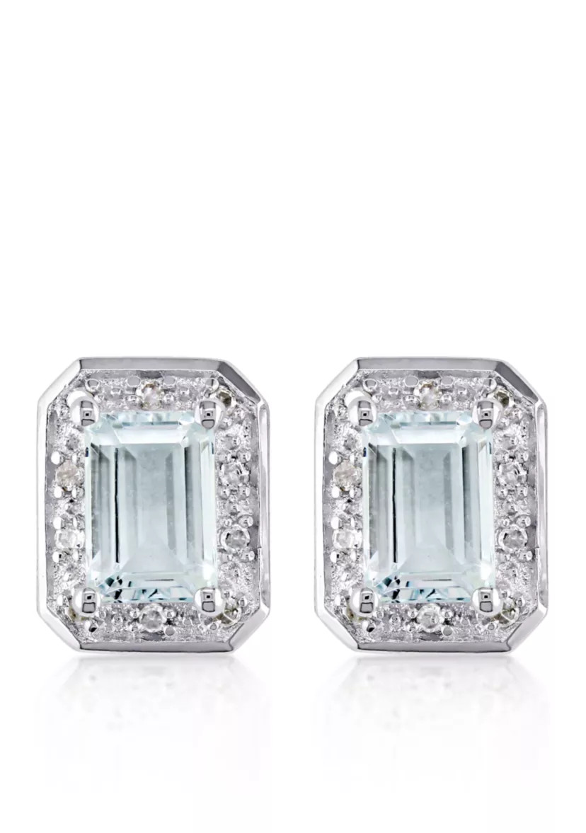 Sterling Silver Aquamarine and Diamond Stud Earrings | Belk