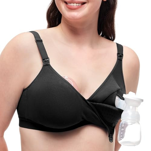 Momcozy Hands-Free Pumping Bra, Wireless & Seamless HF010 Breast Pump Bra, Breathable Tencel™ Fabric & Fully Fixed Cups Black | Amazon (US)