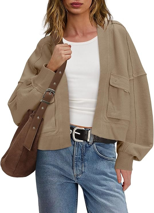 Panadila Womens Cropped Jackets Oversized Cardigans Long Sleeve Open Front Sweatshirt Cardigan Fa... | Amazon (US)