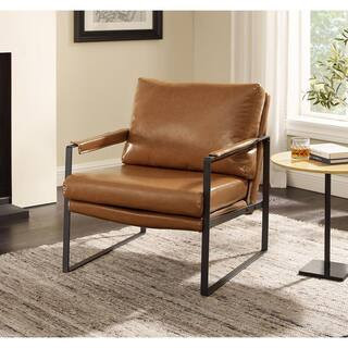 Leo Modern Brown Tan Faux Leather Arm Chair with Steel Frame | The Home Depot