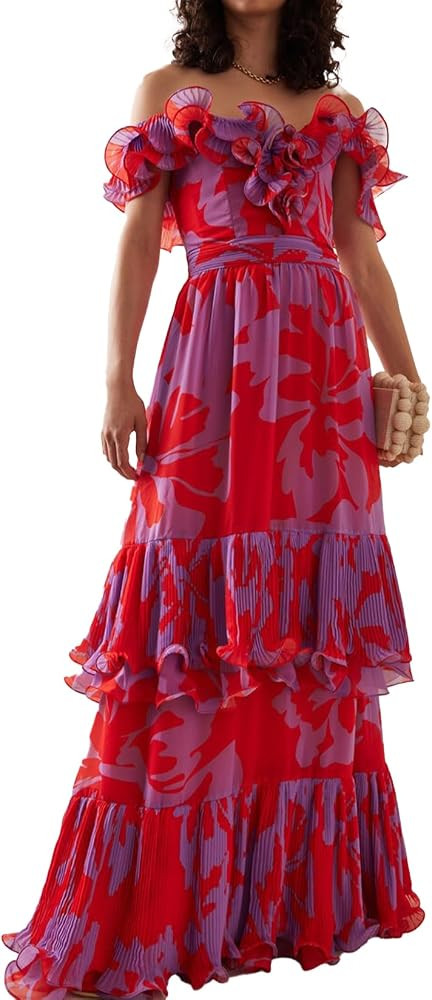 Women Printed Off The Shoulder Dress Floray Dress for Women Bodycon Dress Ruffle Maxi Dress Weddi... | Amazon (US)