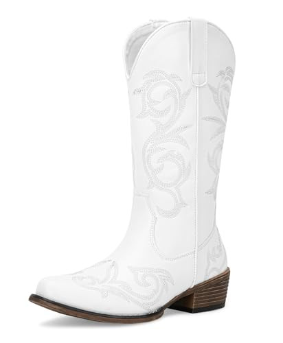 Jeossy Women's 9808 White Cowboy Boots for Women, Round Toe Cowgirl Boots, Western Embroidered Mid High Wide Calf Chunky Pull on Boot with Inner Zipper Size 9.5(DJY9808 white 09.5) | Amazon (US)