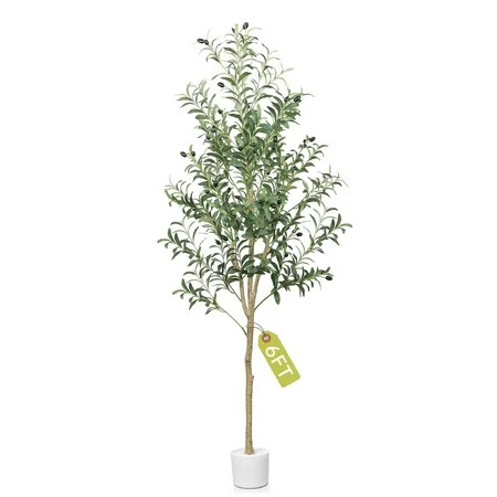 Faux Olive Tree 6FT, Artificial Olive Trees with Natural Trunk and Realistic 795 Leaves and 44 Fruits, Faux Olive Silk Tree for Indoor, Large Olive Plants with White Planter for Office Home Decor | Walmart (US)