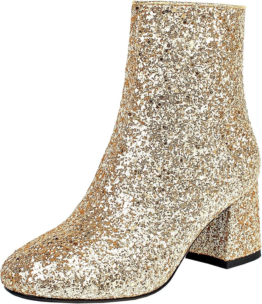 FIFSY Women Sparkly Ankle Boots Sequin Glitter Booties Chunky High Heels | Amazon (US)