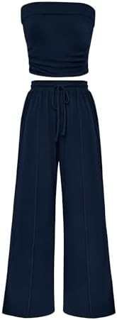 PRETTYGARDEN Womens Summer Outfits 2 Piece Sets Casual Ribbed Knit Crop Tube Top Wide Leg Pants S... | Amazon (US)