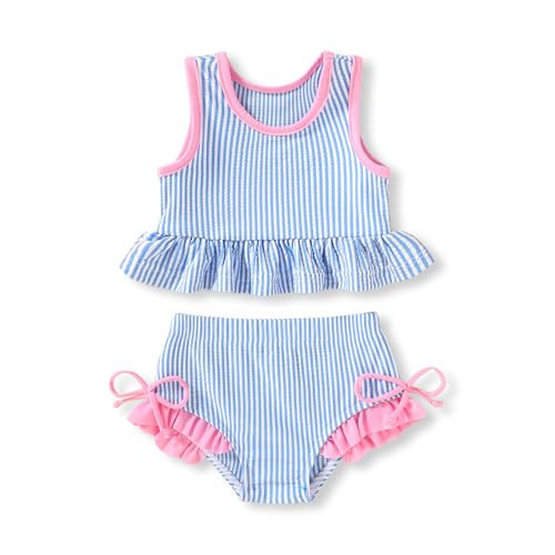 HAPPYMA Baby Swimsuit Toddler Girl Bathing Suit Summer Solid Color Bikini Set Beach Two Piece Swim Wear (Blue Stripe Swimsuit, 4-5T) | Amazon (US)