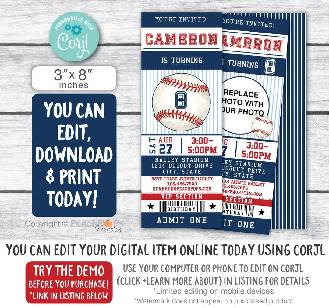 Baseball Invitation Birthday Sports Ticket Style Party ANY Age 1st 8th Add a Photo DIGITAL Editab... | Etsy (US)