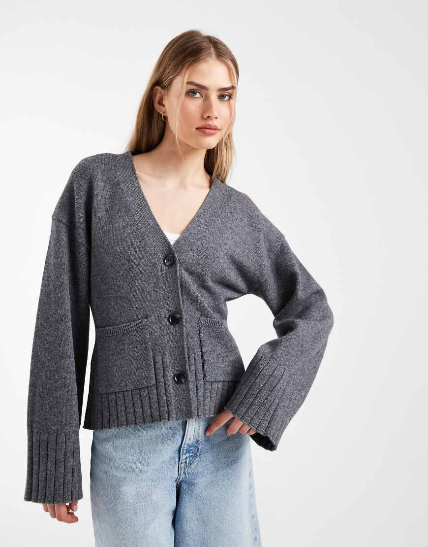 & Other Stories wool-blend cardigan with cinched waist and volume sleeves in dark grey | ASOS (Global)