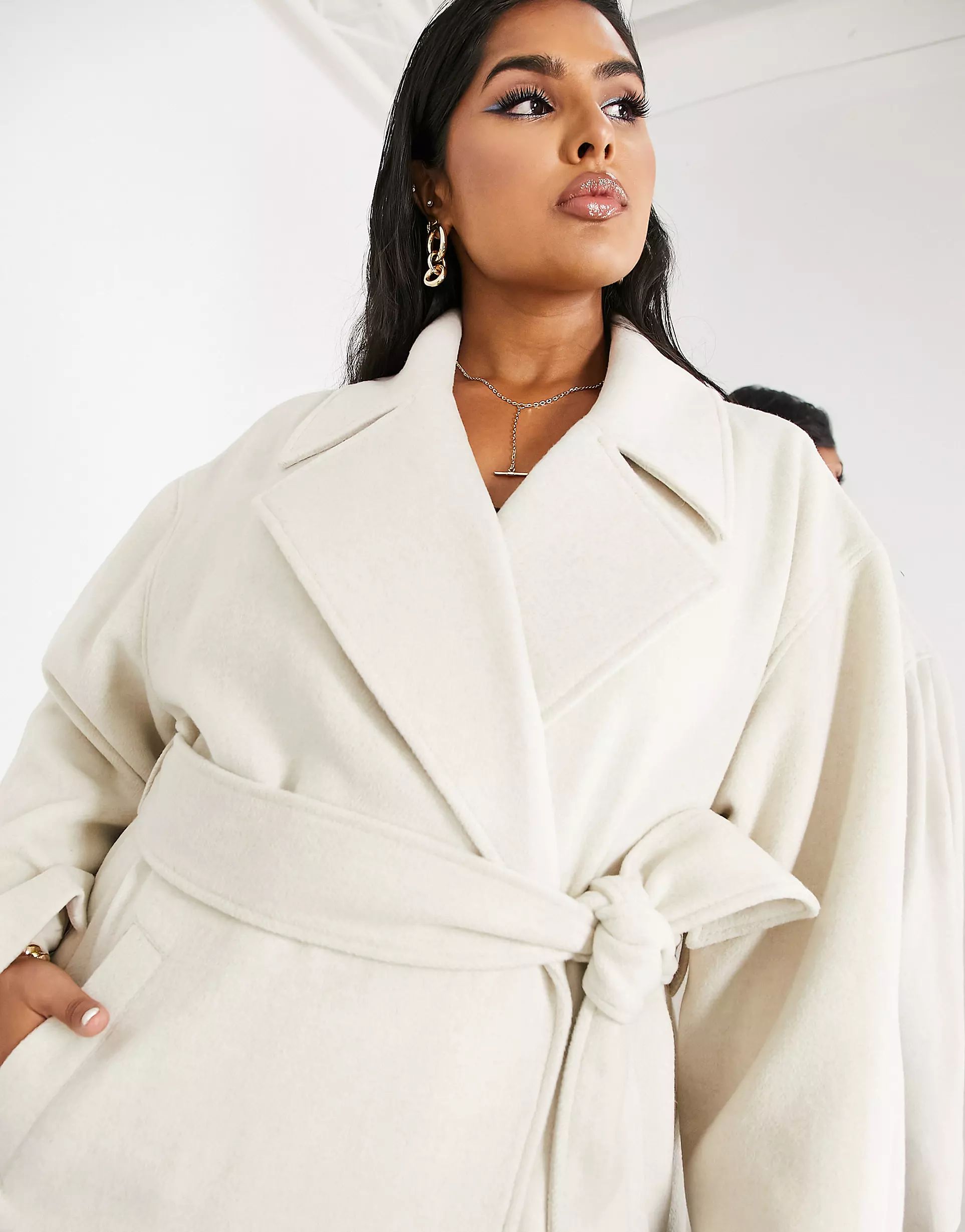 ASOS EDITION Curve belted longline wool mix coat in cream | ASOS (Global)