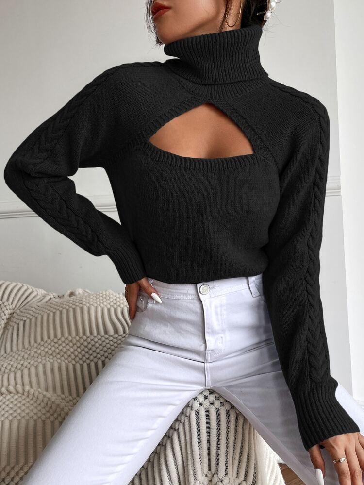 Solid Turtleneck Cut Out Sweater | SHEIN