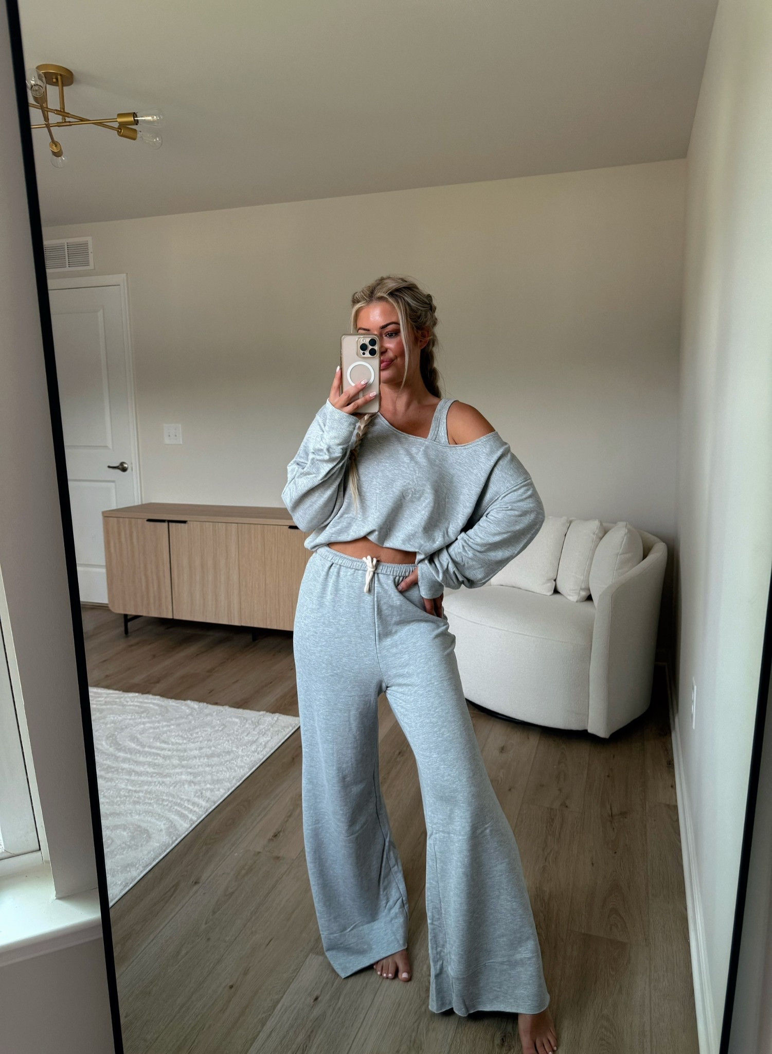 Flare sweatpants paired with an off the shoulder sweater yes please 😍 both pieces are from Aerie and feel so luxe! 

#LTKStyleTip #LTKFindsUnder50 #LTKSeasonal