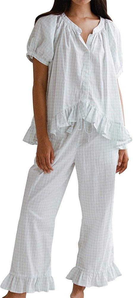 Argeousgor Women Plaid Pajama Sets 2 Piece Outfits Short Sleeve Button Down Shirt Ruffle Pants Pj... | Amazon (US)