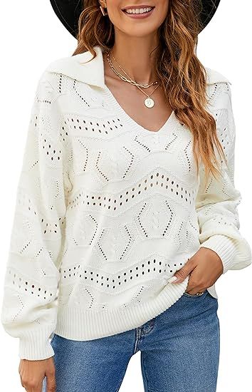 Blooming Jelly Womens Fall Winter V Neck Pullover Sweater Collared Hollow Out Knit Sweaters 2023 | Amazon (US)
