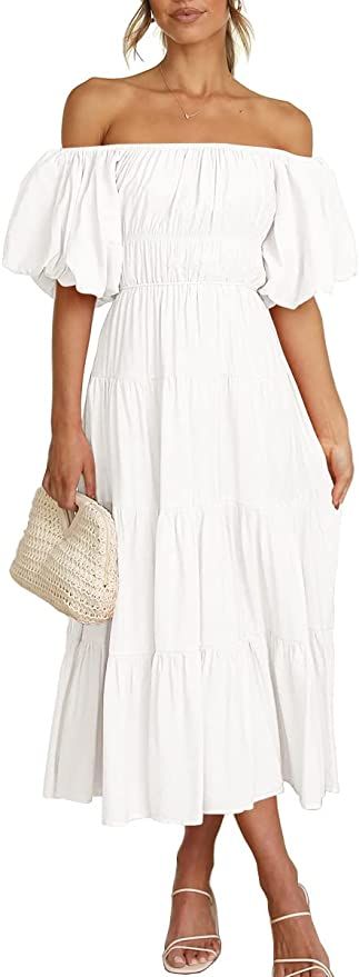 LILLUSORY Off The Shoulder Dresses for Women 2023 Spring Puff Sleeve Summer Flowy Smocked Dress | Amazon (US)