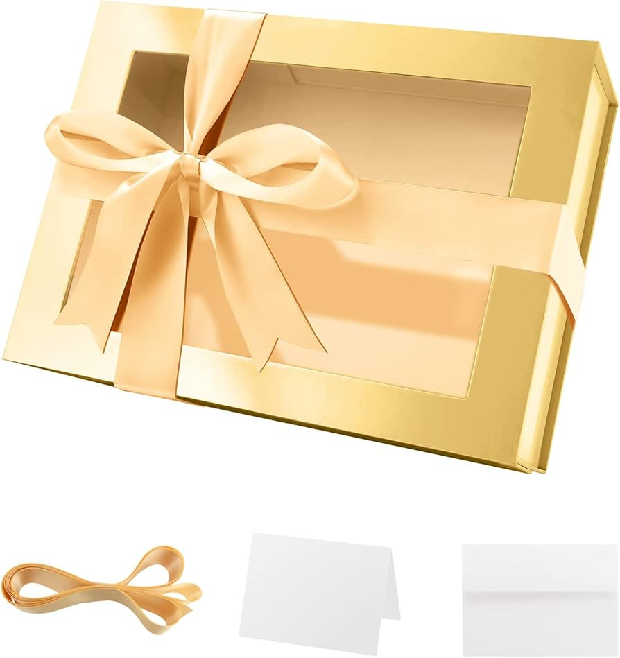 PACKQUEEN Gold Gift Box with Window, 9x6.5x3.8 Inches, Clear Gift Box for Present Contains Ribbon... | Amazon (US)