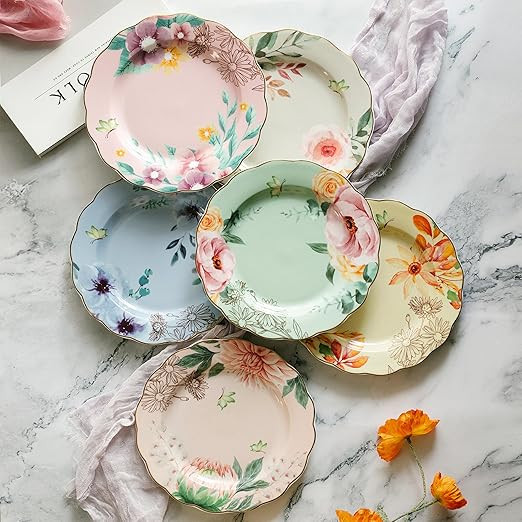 BTaT- Porcelain Floral Plates, 8 inch, Set of 6, Royal Dessert Plates, Appetizer Plates, Floral P... | Amazon (US)