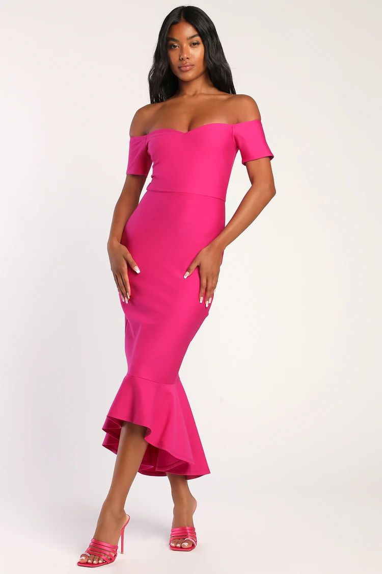 How Much I Care Magenta Off-the-Shoulder Midi Dress | Lulus (US)