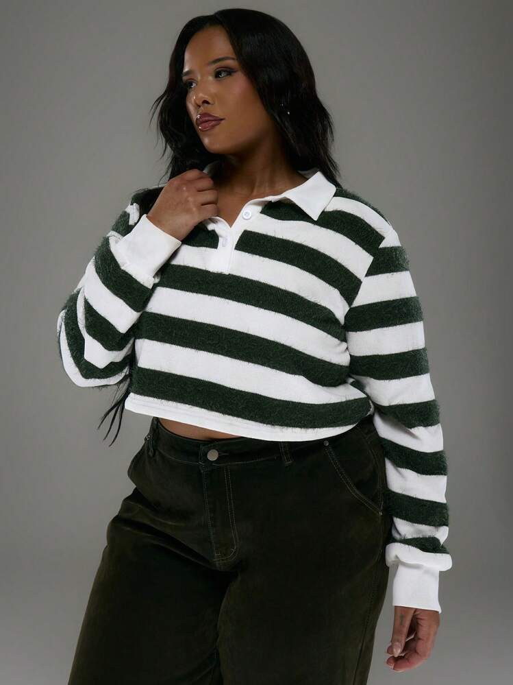 MUSERA Plus Size Cropped Collared Striped Long Sleeved Button Rugby Top For Everyday, Street Style, Streetwear, Y2K, 2000'S Style, Cool Casual | SHEIN