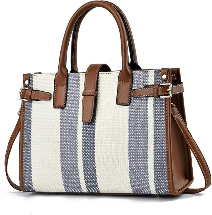 Women's Canvas Tote Bag with Brown and White Striped Design, Casual Handbag Large Canvas Tote Bag... | Amazon (US)