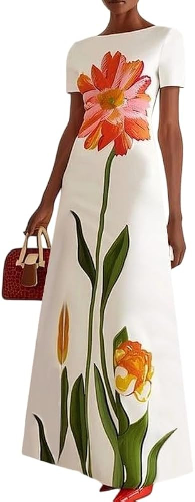 UOOZEE Women's Elegant Floral Maxi Dresses Boat Neck Short Sleeve 2025 Summer Cocktail Party Form... | Amazon (US)
