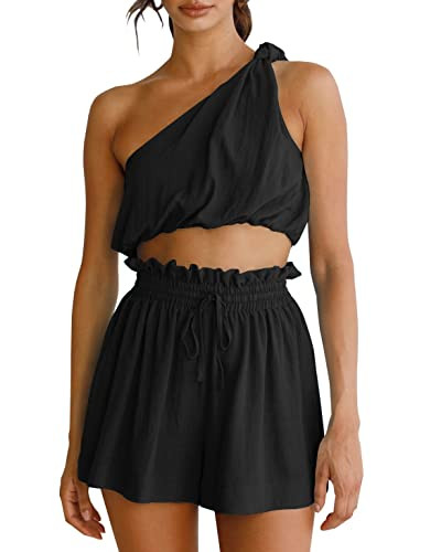 Imily Bela Womens 2 Piece Outfits Linen Matching Sets Two Piece Crop Tops and Paper Bag Waist Sho... | Amazon (US)