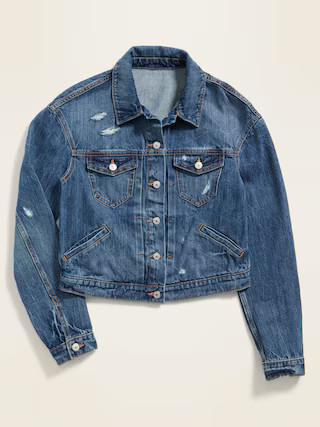 Cropped Distressed Jean Jacket for Women | Old Navy (US)