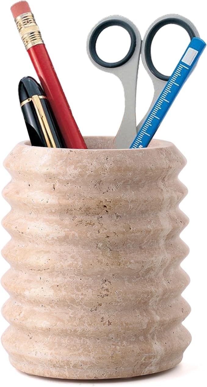 WORHE Natural Marble Pen Holder, Beige Travertine Stone, Multi-Functional Storage Cup for Office ... | Amazon (US)