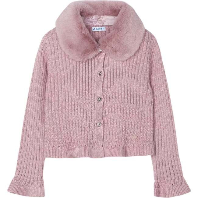 Mayoral | Faux Fur Collar Cardigan Sweater, (Pink, Size 5Y) | Maisonette | Maisonette