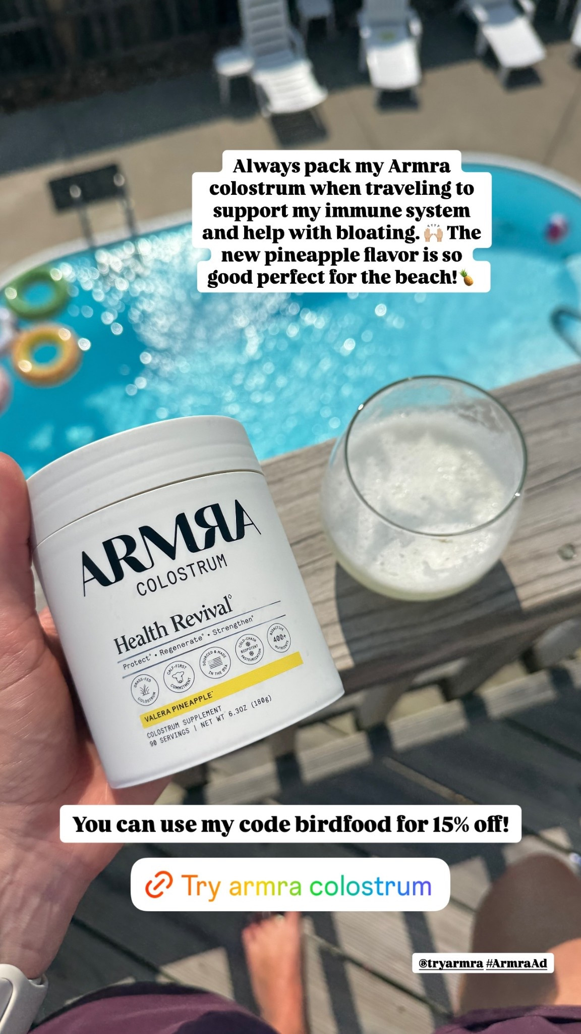 @tryarmra #ArmraAd Always pack my Armra colostrum when traveling to support my immune system and help with bloating. 🙌🏼 The new pineapple flavor is so good perfect for the beach!🍍 You can use my code birdfood for 15% off!