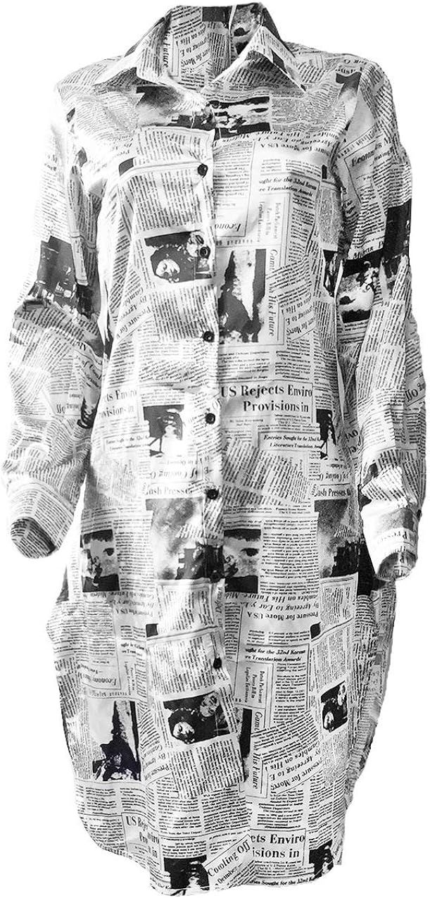 DOHAOOE Newspaper Print Shirt Dress - Oversized Long Button Down Sleeve Blouse Clothing | Amazon (US)
